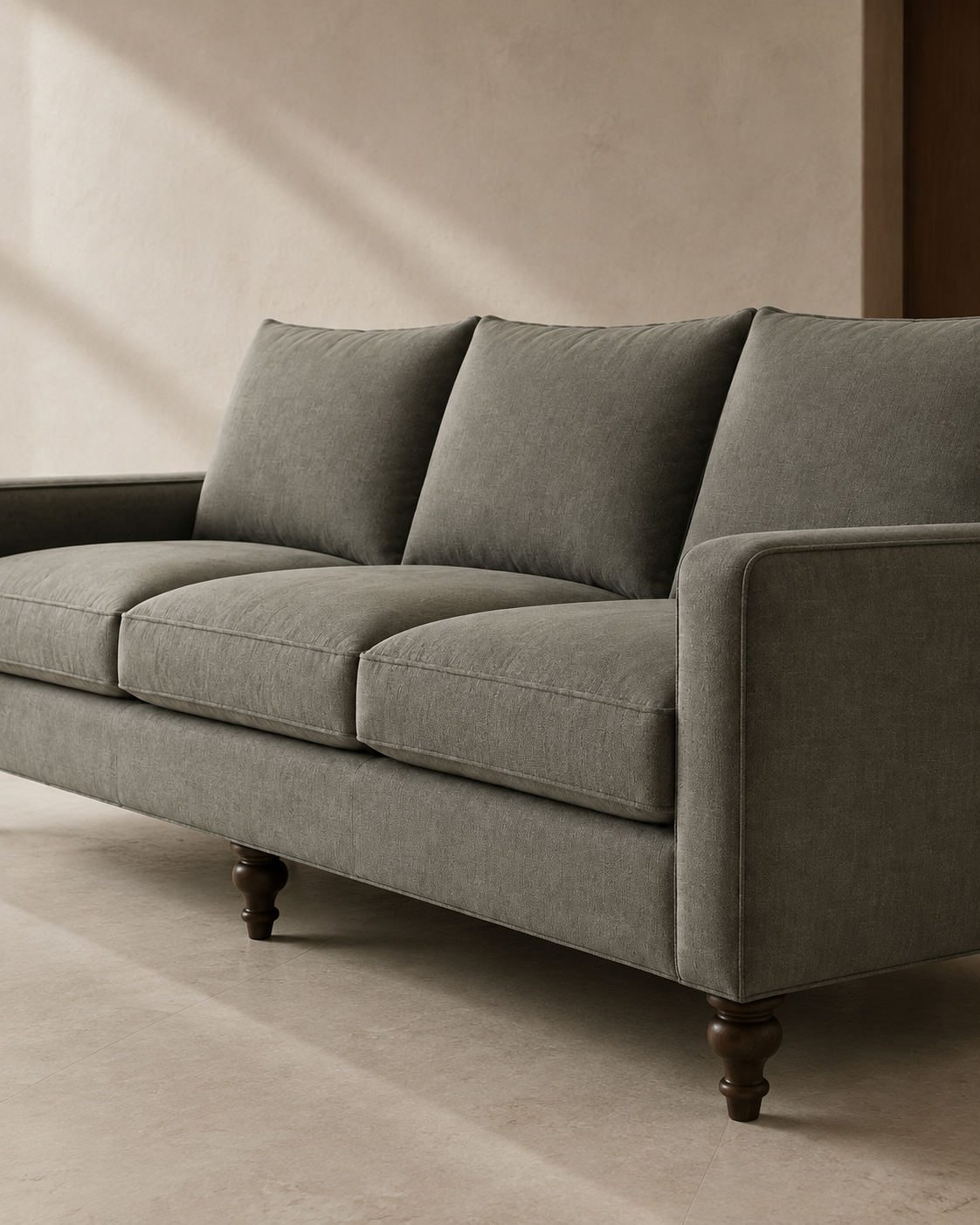 Tailored arm and turned oak foot of the Hollis Sofa
