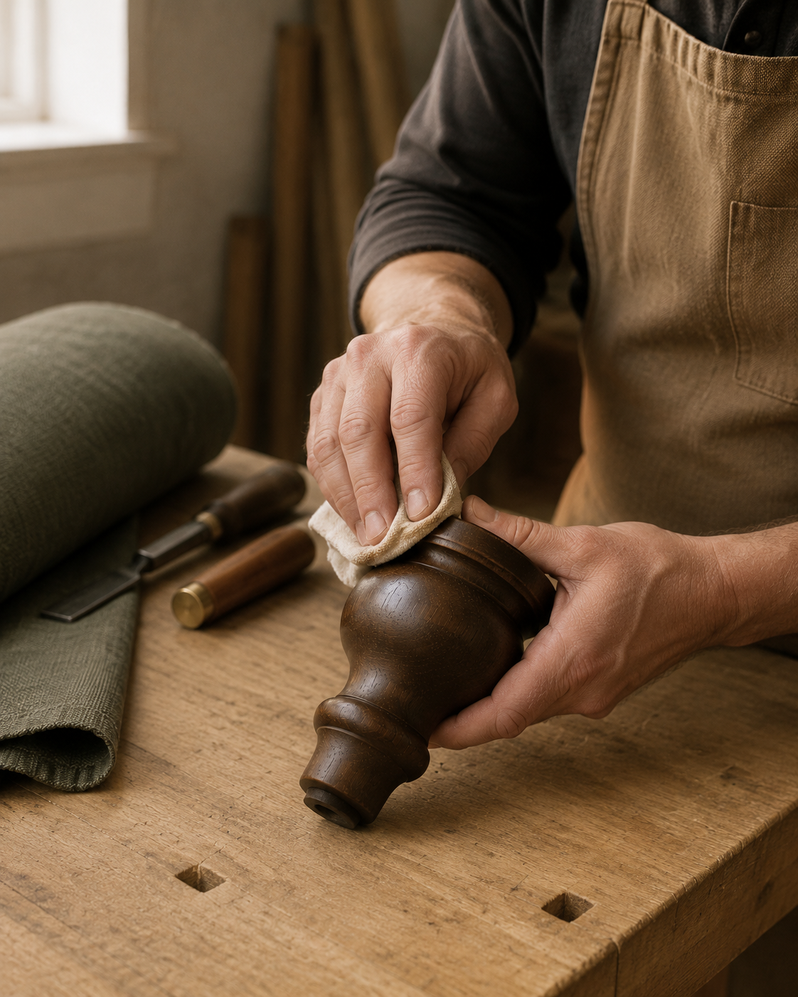 A Blackwood & Loom maker finishing a turned oak sofa leg